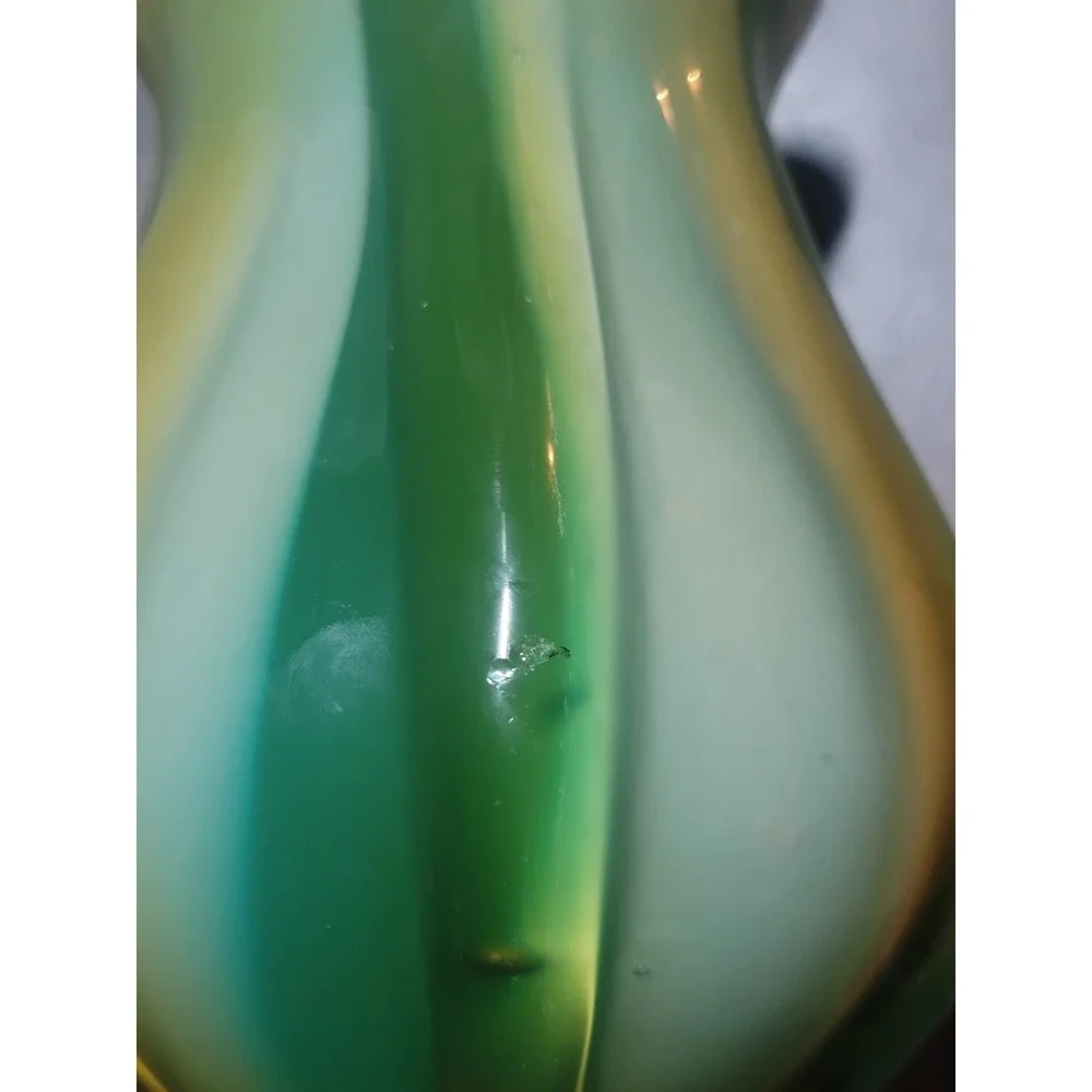 Vintage Art Glass Vase Swirl Green Yellow Iridescent Fluted Top Bud murano style